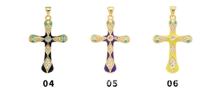 Detailed view of 18K gold plated cross pendants in blue, purple and yellow with zircon
