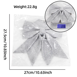 Silver Christmas bow ornament with glitter, measuring 27.5x27cm and weighing 22.8g