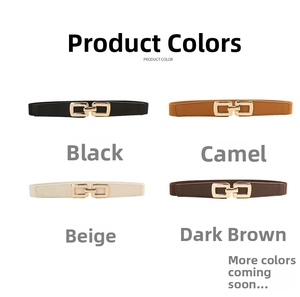 Women's skinny elastic belts in black, camel, beige, and dark coffee with gold buckles