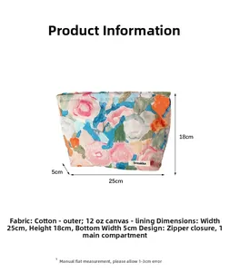 Detailed sizing guide showing 25x18x5cm dimensions for the canvas floral makeup bag