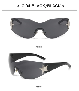 Front and 45-degree side views of Y2K rimless sunglasses with silver star detail