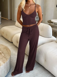 Women's dark brown ribbed yoga lounge set with V-neck camisole and wide-leg drawstring pants