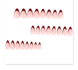Detailed set of 24 almond-shaped press-on nails with burgundy French tips on white surface