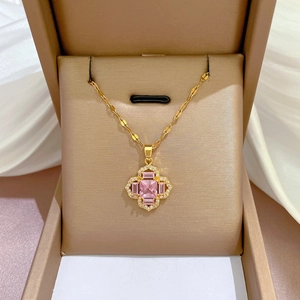 Clover Flower Pendant Necklace Titanium Steel Chain Copper Micro Pave Pink Zircon Elegant Jewelry For Women