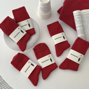Red Cotton Knitted Mid-Calf Socks Festive Chinese New Year Winter Warm Thick Vintage Patterned For Women