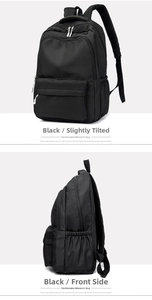 Detail view of black high-capacity backpack with elastic side pockets and padded straps