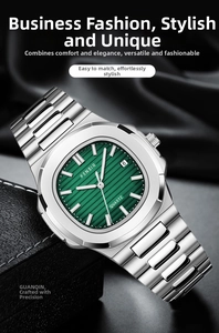Macro shot of silver stainless steel square watch with green textured dial and date display