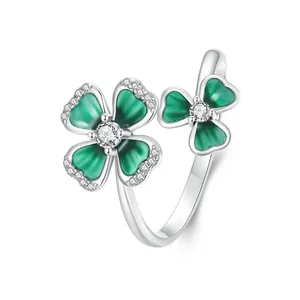 S925 Sterling Silver Green Enamel Clover Open Ring For Women Adjustable Finger Ring Zirconia Leaf Jewelry Gift
