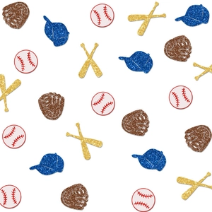 Glittery baseball theme confetti set with bats, caps, and gloves for party decoration