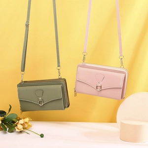 Minimalist crossbody phone bag with multi-layer zippers in olive green and pink PU leather