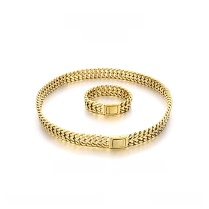 Polished gold stainless steel jewelry set showing dimensions for necklace and bracelet