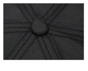 Close-up of black baseball cap crown showing reinforced stitching and button detail