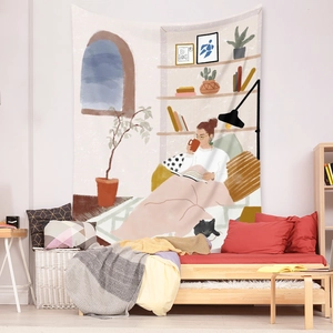 Detail of bohemian tapestry featuring a cozy reading scene with warm earth tones