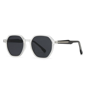 Polarized geometric round sunglasses with translucent matte white frame and dark grey lenses