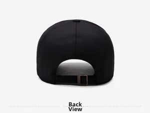 Detail view of black cotton baseball cap showing back metal buckle and fabric texture