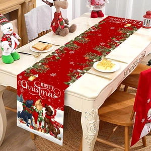 Christmas Table Runner Polyester Puppy Dogs Pattern Merry Christmas Festive Dining Room Home Party Decoration