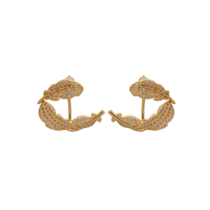 Elegant gold plated feather stud earrings with cubic zirconia stones for women