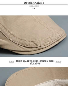 Detail view of khaki cotton beret showing reinforced stitching on the sturdy brim