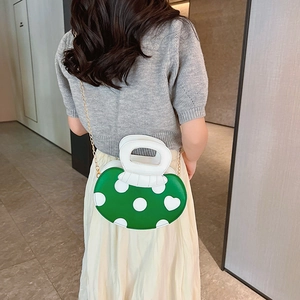 Creative mushroom-shaped green PU leather crossbody bag with white dots and gold chain