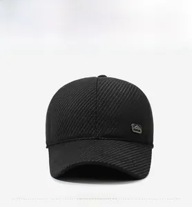 Front view of black twill baseball cap showing mountain logo and thick fabric texture