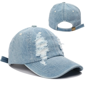 Distressed light blue denim baseball cap with frayed details and adjustable metal buckle
