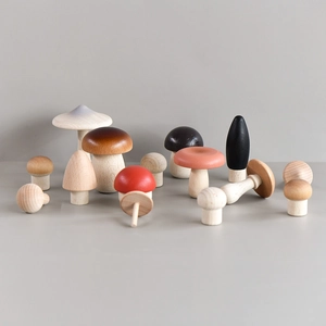 Handcrafted wooden mushroom toy set in various colors for creative home tabletop decor
