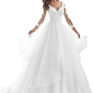 Elegant white long sleeve bridal gown with deep V-neck and delicate lace appliques