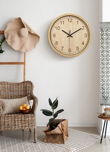 Detailed 12-inch bamboo texture plastic wall clock in a minimalist Nordic interior setup
