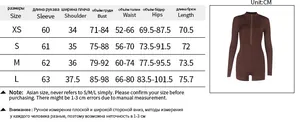 Detailed size guide table for long sleeve bodycon jumpsuit showing CM measurements