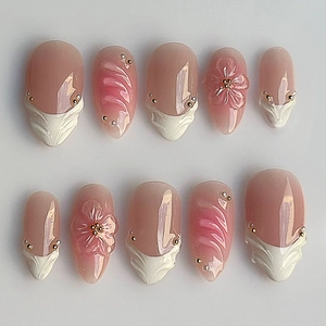 Press On Nails Short Almond Pink Gradient Fake Nails 3D Flower Marble Artificial Pearl Decoration French Style Artificial Fingernails