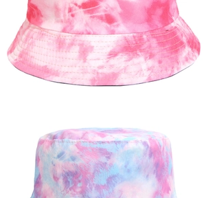 Close-up of vibrant tie-dye patterns and high-quality stitching on bucket hats