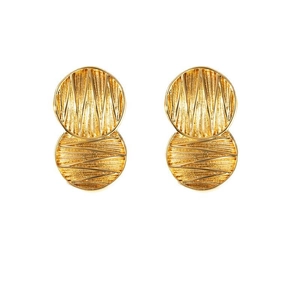 Golden titanium steel double disc earrings with brushed texture in minimalist design
