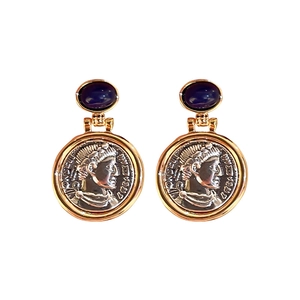 Vintage gold and silver round portrait earrings with oval blue gemstone accents