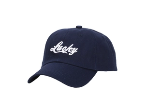 Close-up of white Lucky script embroidery on navy blue cotton sports baseball cap