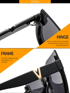 Detail of durable metal hinges and iconic gold V decoration on black cat-eye sunglasses
