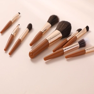 9pcs portable mini makeup brush set with soft fiber bristles and brown wooden handles