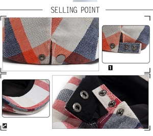 Detail view of plaid beret hat showing metal snap closure and textured fabric