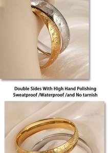 Detail of floral engraved stainless steel bangles with zircons on champagne silk