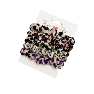 5-piece set of velvet leopard print elastic hair scrunchies on a white display card