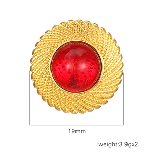 Retro round 18K gold-plated stainless steel earrings with red gemstone inlay