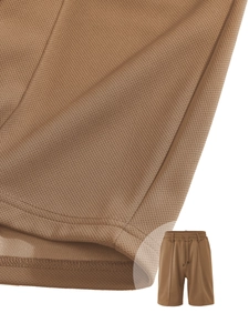 Detailed close-up of brown quick-dry mesh fabric and drawstring waist on men's beach shorts
