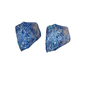 Irregular blue resin stud earrings with shimmering foil texture and geometric cut