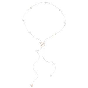 Elegant rose gold butterfly necklace with white pearls and zircon crystals for women