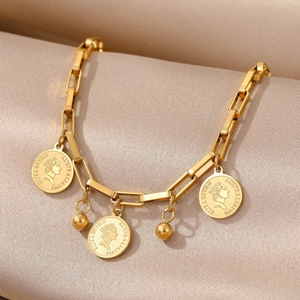 Fashion Queen Elizabeth II Portrait Coin Pendant Bracelet Gold Plated Titanium Steel Link Chain Bracelet For Women Niche Jewelry Gift