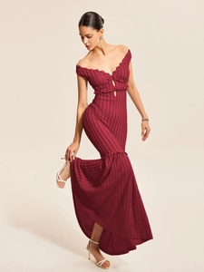 Elegant wine red knitted fishtail dress with off-shoulder ruffle neckline and slim fit
