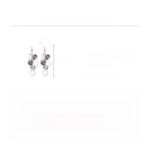 Detail view of shell tassel earrings with measurements 6.5x1cm and copper glass material
