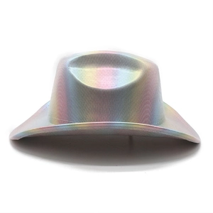 Detail showing holographic rainbow texture and shiny finish on the cowboy party hat