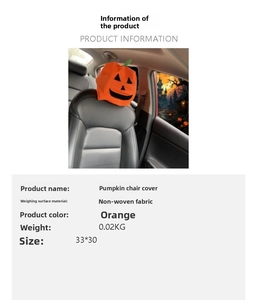 Macro view of orange non-woven pumpkin car seat cover with sizing details and dimensions