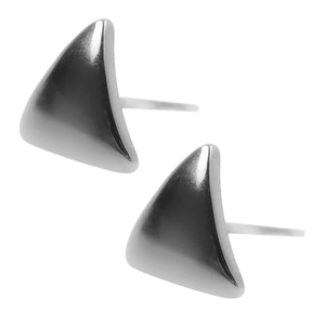 Macro detail of geometric triangular earrings in polished 304 stainless steel