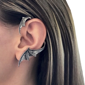 Gothic bat wing ear cuff in vintage silver finish with detailed metallic texture